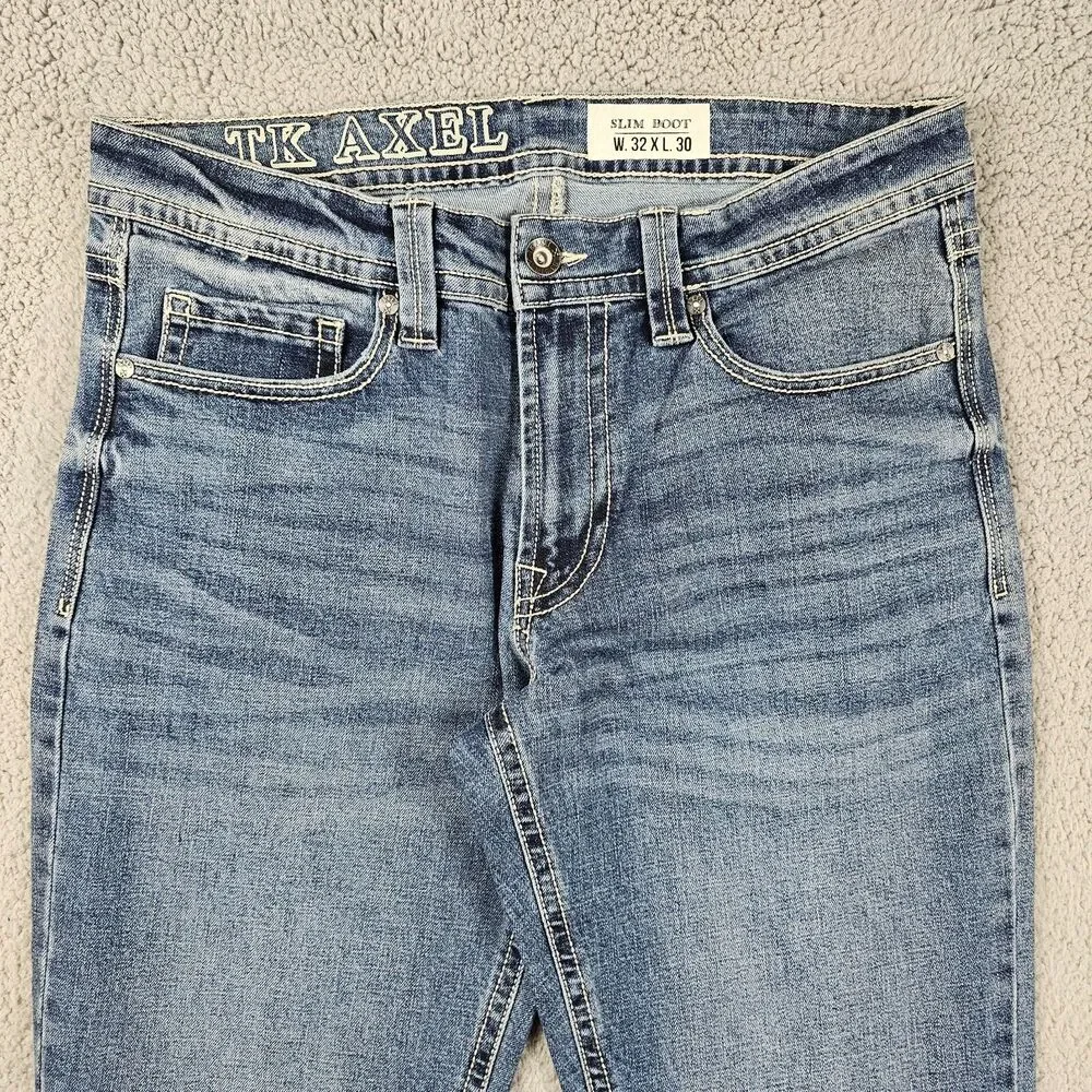 TK Axel Jeans Mens 35x28* Blue Denim Slim Boot Rocker Cowboy Biker Distressed